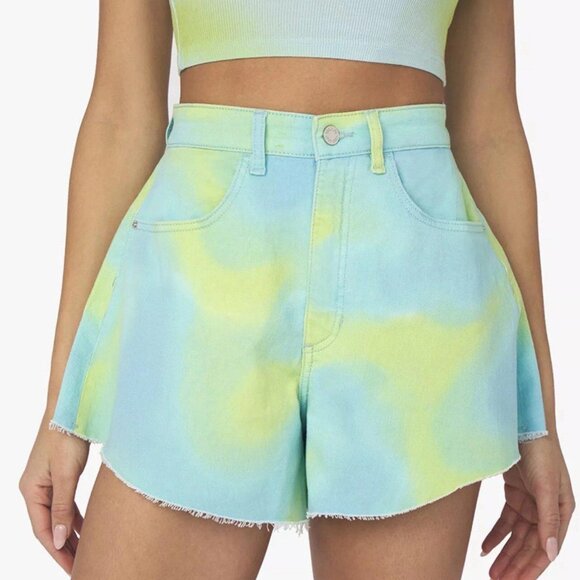 NWT WEWOREWHAT REVOLVE FLARE BELL SHORTS STRETCH DENIM TIE DYE Size 25 - Picture 1 of 9